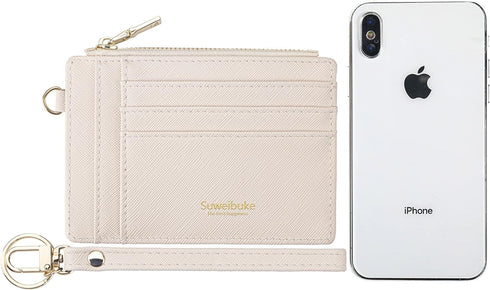 Wikavanli Women Slim Rfid Blocking Credit Card Case Holder Wristlet Zip ID Case Wallet Small Compact Leather Wallet Coin Purse with Keychain (Beig...