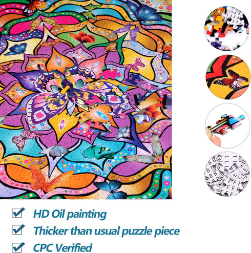 Bgraamiens Puzzle-Butterfly Dream Party-1000 Pieces Creative Round Butterfly Mandala Jigsaw Puzzle Color Challenge Puzzle...