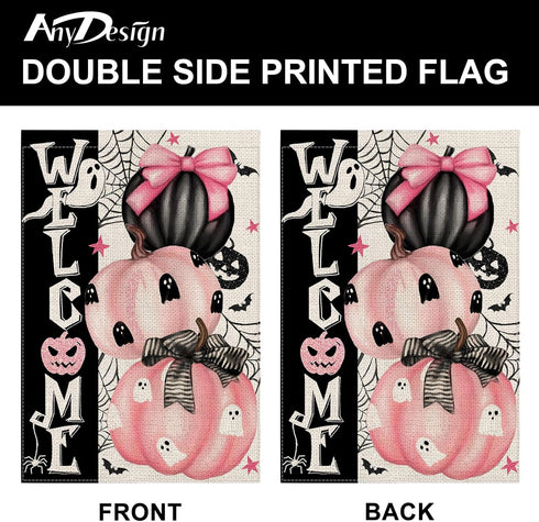 Halloween Garden Flag Double-Sided Welcome Yard Flag Spooky Ghost Pink Pumpkin Holiday Outdoor Decorative Fabric Flag for Patio Lawn Halloween Par...