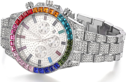 Halukakah Multicolor Diamonds Gold Watch Iced Out,Men's 18K Real Gold/Rose Gold/Platinum White Gold Plated 40MM Width White Dial Quartz Wristband ...