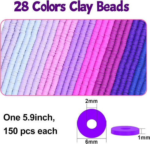 28 Strands Purple Clay Beads Bracelet Making Kit, Friendship Preppy Flat Polymer Clay Heishi Beads for Bracelets Jewelry Making Kit, DIY Arts and ...