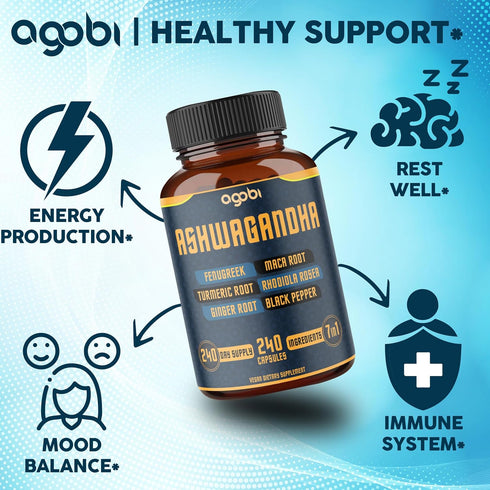 240 Capsules - 8 Month Supply - 7in1 Ashwagandha 8050mg - Combined with Fenugreek, Maca, Turmeric, Rhodiola, Ginger, and Black Pepper - Mood, Stre...