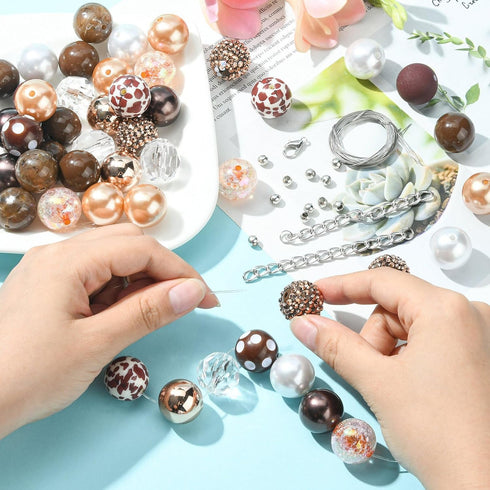 50 Pcs/Set Coconut Brown Leopard Print Beads Bracelet Bead Kit with Chain Clasp Candy Color Acrylic Round Spacer Beads for Jewelry Making...