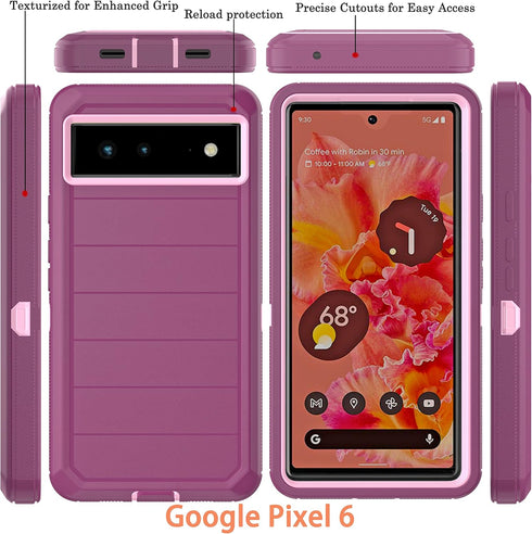 YmhxcY for Pixel 6 Case with Drop Proof 3-Layer Durable Cover/Shockproof Armor Drop Protection Solid Rubber Case for Google Pixel 6-Wine Red/Pink ...