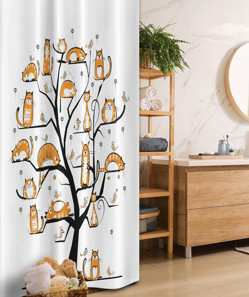 Ambesonne Cat Lover Stall Shower Curtain, Pet Family Tree Birds Crowd Fluffy Nature Purebred Humorous Funny Art, Fabric Bathroom Decor Set with Ho...