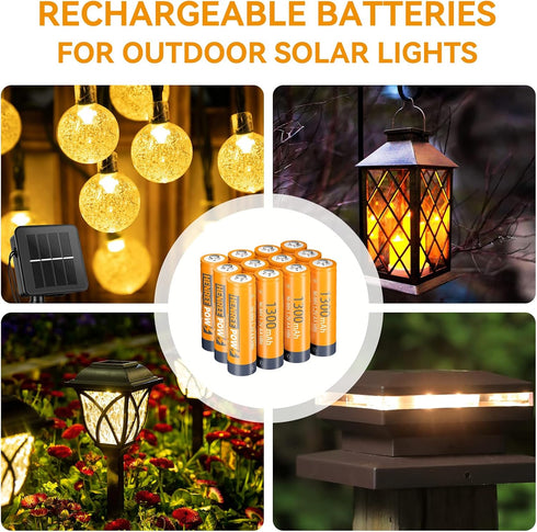 Henreepow AA Rechargeable Batteries for Solar Lights Ni-MH AA Solar Battery Pre-Charged 1.2V 1300mAh Long Lasting Performance (AA-1300mAh-12pack)...