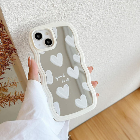 LSL Compatible with iPhone 13 case Cute Heart Mirror Curly Wave Frame Shape Slim Silicone Shockproof Protective Cover Case for iPhone 13 Women Gir...