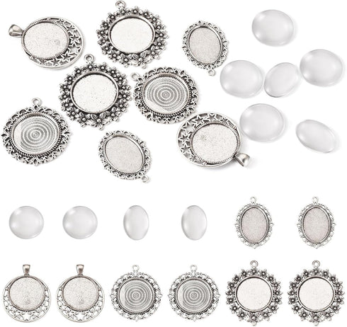 FASHEWELRY 16Pcs Oval Round Bezel Pendant Trays Antique Silver Bezel Blanks Cabochon Setting with Clear Glass Cabochon for Photo Pendant Craft Jew...