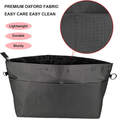 Time Wing Handbag Tote Purse Organizer Insert Bag Liner Shaper Divider Zipper 11 Pockets Compartments Small Dark Grey...