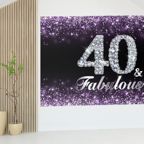 HAMIGAR 6x4ft Happy 40th Birthday Banner Backdrop - 40 & Fabulous Birthday Decorations Party Supplies for Women - Purple...