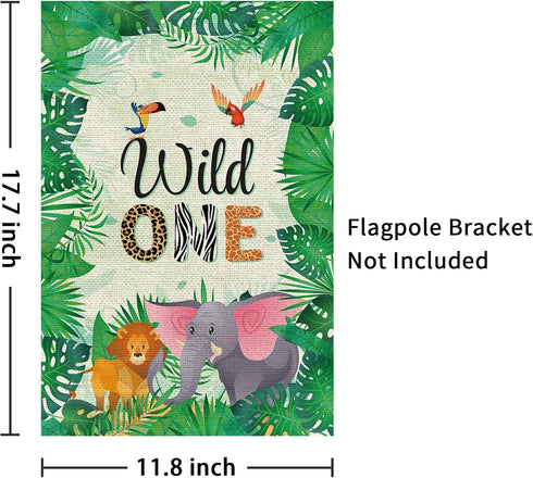 Wild One Garden Flag, Happy 1st Birthday Zoo Theme Outdoor Banner, 1st Birthday Party Decór Vertical Sign, Lion and Elephant Lawn Yard Double Side...
