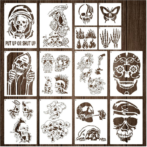 14 Pieces Skull Stencils Reusable, Scary Skeleton Stencils Fire Template Skull Flame Stencils Stencils for Painting on Wood, Wall, Canvas, Scrapbo...