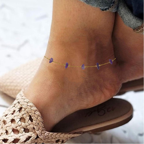 4Pcs Natural Gemstone Stainless Steel Anklets for Women Waterproof Gold Anklets for Women 14k Real Gold Anklet for Teen Girls Adjustable 8.3 "+2 '...