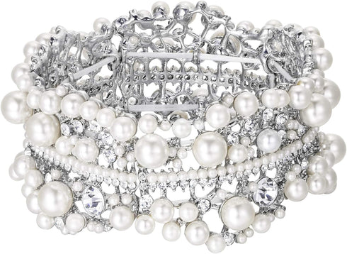 EVER FAITH White Rhinestone Crystal Wedding Jewelry Simulated Pearl Flower Bridal Stretch Bracelet for Women Bride Clear Silver-Tone...