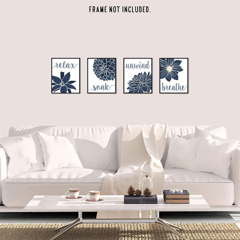 Simple Relax Soak Unwind Breathe Navy Blend Floral Prints, 4 (8x10) Unframed Photos, Wall Art Decor Gifts for Home Office Salon Lounge Bathroom Sc...