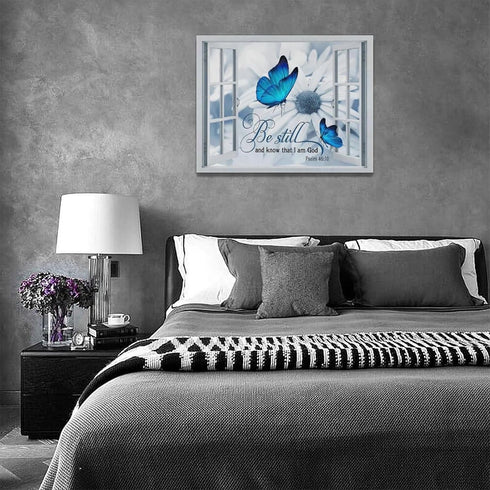Farmhouse Blue Butterfly Flower Decor Wall Art Rustic Country Window Be Still And Know That I Am God Pictures Wall Decor Canvas Painting Prints Ar...