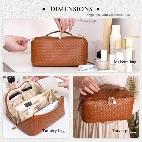 Travel Makeup Bag, Large Capacity Cosmetic Bags, Portable Makeup Organizer Bag, PU Leather Waterproof Cosmetic Bag Flat Toiletry Bag with Divider ...