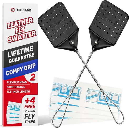 Leather Fly Swatter Manual 2pk with 4 Window Fly Traps. Extremely Heavy Duty Fly Swatter Heavy Duty Flyswatter Swatter Fly Swatters Multi Pack. Fl...