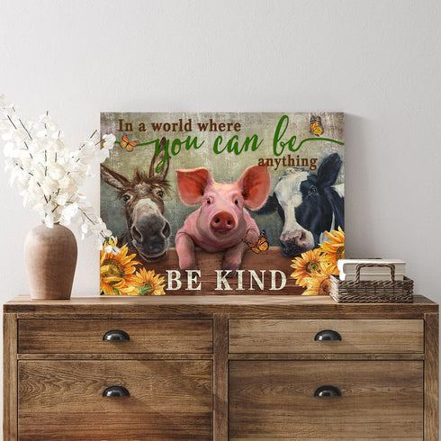 WOWGOOMO Rustic Farm Cow Pig Donkey Wall Art Be Kind Movitational Wall Art for Office Farmhouse Animal Picture Print on Canvas Painting Framed Art...
