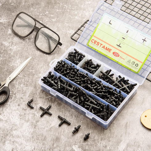 320 Pcs Drip Irrigation Fittings Kits for 1/4" Tubing, Drip Irrigation Barbed Connectors, Drip Line Connectors for Drip Systems(4-Way Coupling, Te...