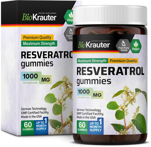Resveratrol Gummies - Potent Resveratrol 1000 mg Organic Supplement - Bioavailable 98% Pure Trans Resveratrol - Antioxidant Support - 60 Vegan Che...