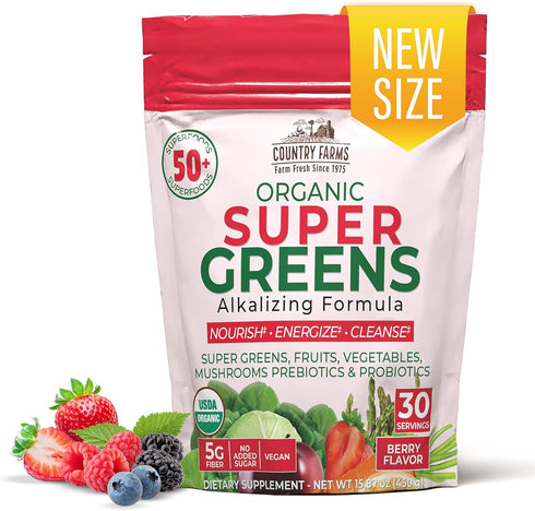 COUNTRY FARMS Super Greens Berry Flavor, 50 Organic Super Foods, USDA Organic Drink Mix (Wheat Grass, Spirulina, Chlorella) Mushrooms & Probiotics...