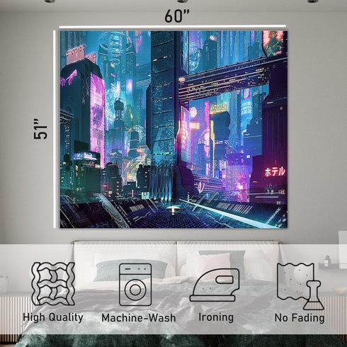 Honcet Anime Punk Neon Cityscape Wall Tapestry for Bedroom, Japanese Punk Street Cityscape Room Decor Tapestries, Futuristic Neon Skyscraper Tapes...