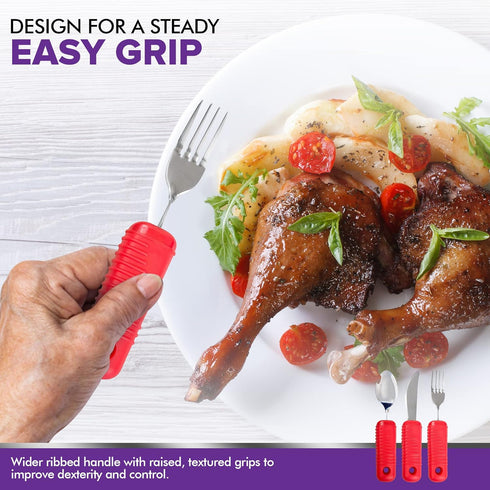 3 Piece Super Easy Grip Red Flatware Set - Bendable Built Up Large Fork, Knife, and Spoon - Red...