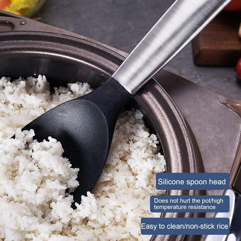 Rice Spoon, Silicone Rice Paddle Nonstick Rice Serving Spoon Stainless Steel Heat-Resistant Pan Cooking Utensil Rice Scoop with Hanging Hole for R...