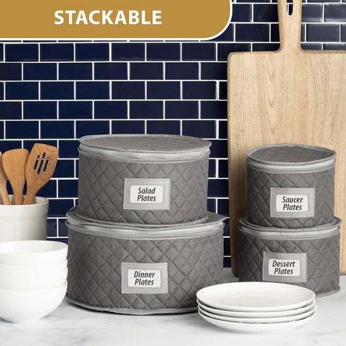 Stack Store Plus More China Storage Quilted Case for Dessert Plate, Bowls, Small Plate or Saucer - 8" W x 6" H - Gray - Includes 12 Felt Separator...