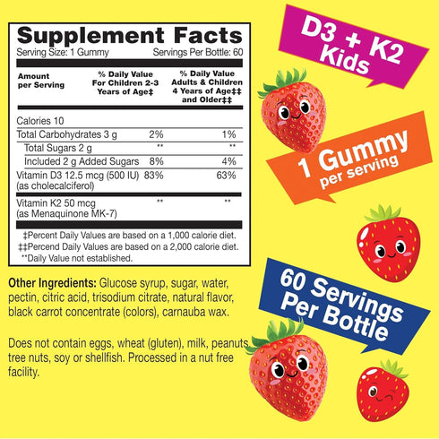 Vitamin D3 + K2 for Kids Gummies - Vitamin D3 1000 IU, K2 100 MCG - Bone and Muscle Health Support, Natural Flavors, GMO Free, Gluten Free, Vegan ...