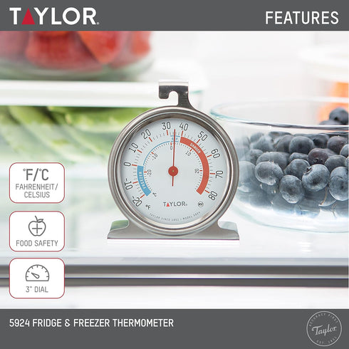 Taylor 5924 Large Dial Kitchen Refrigerator and Freezer Analog Thermometer, 3-Inch Dial, Easy to Read, Silver Finish, Accurate Temperature Monitor...