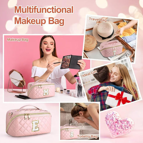 Initial Makeup Bag, Quilted Letter Cosmetic Bag Cute Make Up Bag with Handle Portable Travel Toiletries Bag Pink, Personalized Birthday Gift for W...