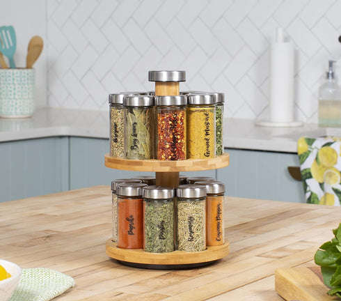 Orii 16 Jar Spice Rack with Spices Included - Rotating Countertop 2 Tier Tower Organizer for Kitchen Spices and Seasonings, (Bamboo Wood)...
