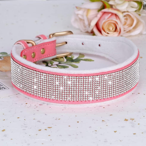 Didog Rhinestone Dog Collar with Soft Lining, Sparkling Crystal Diamond Girl Dog Collars with Soft Warm Pad for Medium Large Dogs, Pink, M...