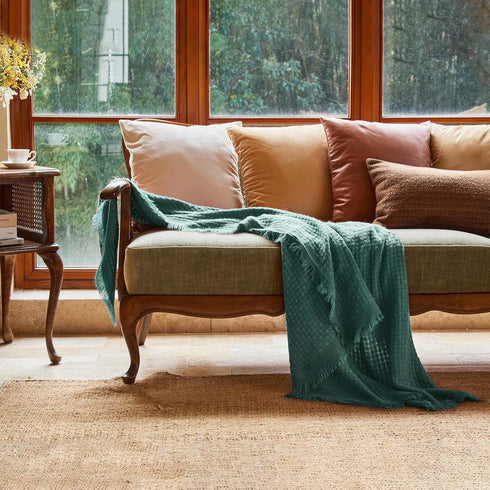 lifein Fall Throw Blanket for Couch-Soft Boho Bed Throw Blanketss,Cozy Knitted Teal Waffle Throw,Small Farmhouse Lightweight Blanket&Throws for Au...