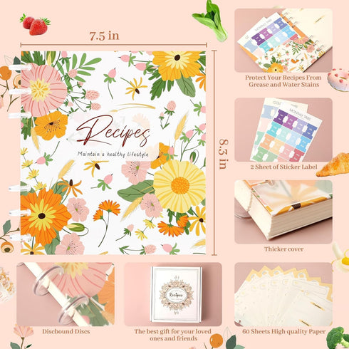 Blank Recipe Book to Write in Your Own Recipes Recipe Journal 7.5×8.3 Inches with Stickers for Gifts Ideas for Women Wife Mom 120 Pages, Blooming ...