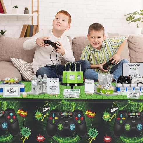 FunHot Video Game Table Covers, Video Game Birthday Decorations, 2 Pcs 54 x 108 Inch Green Waterproof Rectangle Game Tablecloths for Gamers Boys B...