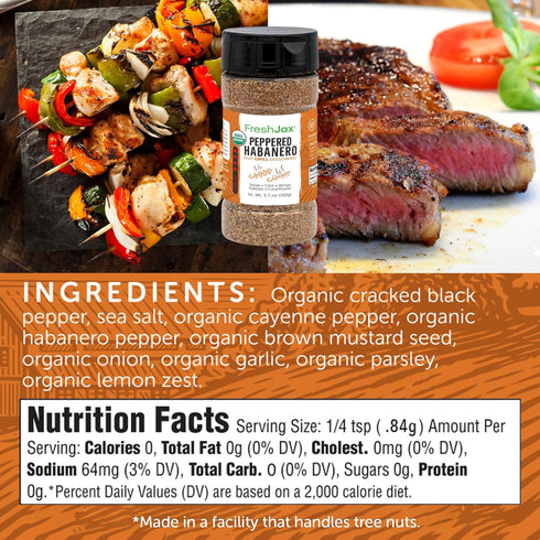 FreshJax Organic Peppered Habanero Hot Grilling Seasoning Spice (5.7 oz Large Bottle) Non GMO, Gluten Free, Keto, Paleo, No Preservatives Habanero...