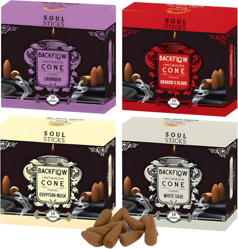 SOUL STICKS Assorted Backflow Incense Cones for Meditation, Yoga and Aromatherapy | 40 Premium Backflow Cones | Fits All Backflow Incense Burners ...