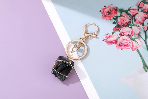 Jovivi Natural Raw Quartz Crystal Stone Keychain Wire Wrapped Irregular Rough Gemstone Healing Crystal Keyring for Women Men...