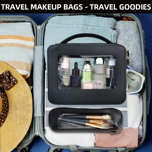 Clear Makeup Bag with Makeup Brush Bag,Double Sided Clear Toiletry Bag for Women,Portable Travel Cosmetic Bag,Makeup Case with Zipper,Leather Make...