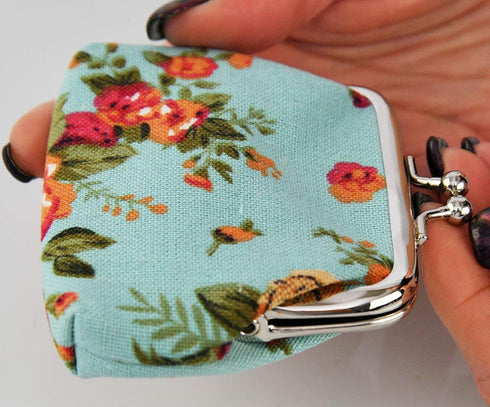 Home-X Canvas Coin Pouch Clasp Closure, Rose Pattern, Floral Coin Purse, Keys Wallet, Round-Blue (4" L x 3.5" H)...