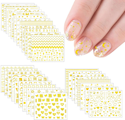 30 Sheets Gold Nail Art Stickers 3D Self-Adhesive Nail Decals Gold Geometric Line Star Leaf Diamond Nail Stickers Supplies for Acrylic Nails Manic...