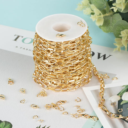 UMAOKANG 10 Meters Paperclip Chain for Jewelry Making Gold Plated Aluminum Jewelry Chains Bulk Unwelded Oval Paperclip Link Chain Necklace Bracele...