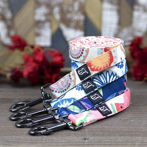 Ultra Joys Dog Leash with Dog Poop Bag Dispenser - Heavy Duty Cotton Fabric Pet Leash with Metal Clasps - Blue Daisy 5ft Dog Leash and Dog Waste B...