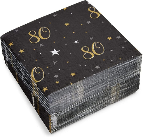 Sparkle and Bash Bulk Happy 80th Birthday Napkins for Party Decorations, 2-Ply, Black and Gold (6.5 x 6.5 In), Pack of 100-80th Birthday Decoratio...