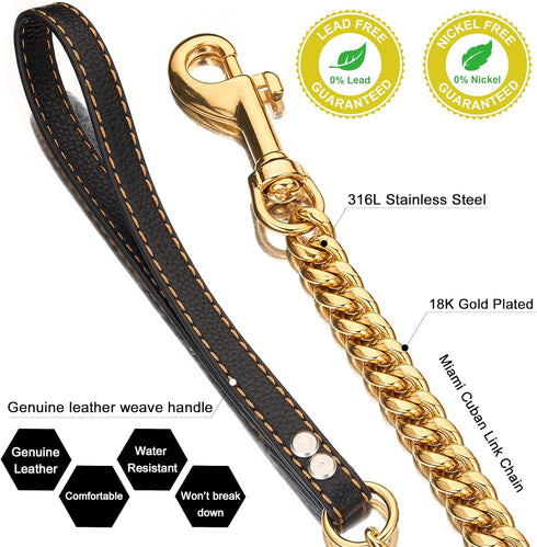 Chain Dog Leash Metal Chew Proof 12MM Pet Leash Chain with Leather Padded Handle for Large Medium Small Dogs(Total Length of 3ft)...