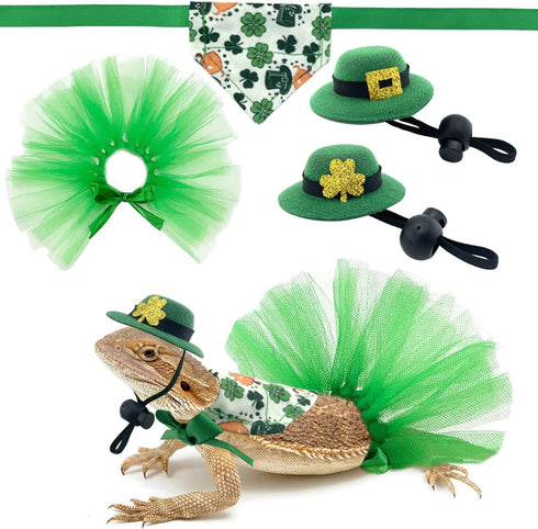 Vehomy 4Pcs Saint Patrick's Day Bearded Dragon Hats Tutu Skirt Outfit Lizard Bowler Hat with Shamrock Décor Small Pet St Patrick's Day Tutu Access...