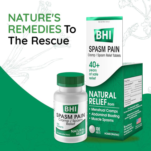 BHI Spasm Natural Relaxer Relief for Menstrual Cramps, Bloating, Aches & Muscle Spasms 5 Active Homeopathic Ingredients Naturally Soothe Whole Bod...